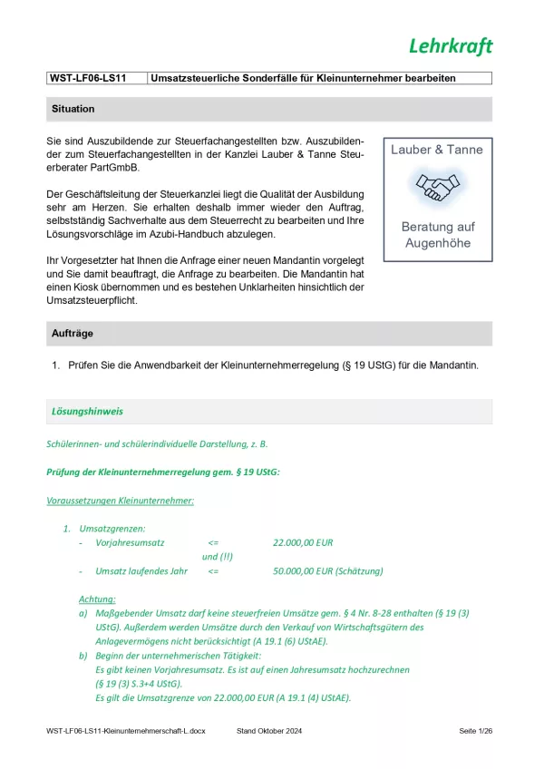 Unterrichtsbaustein: Umsatzsteuerliche Sonderfälle für Kleinunternehmer bearbeiten (Version Lehrkraft) (DOCX)