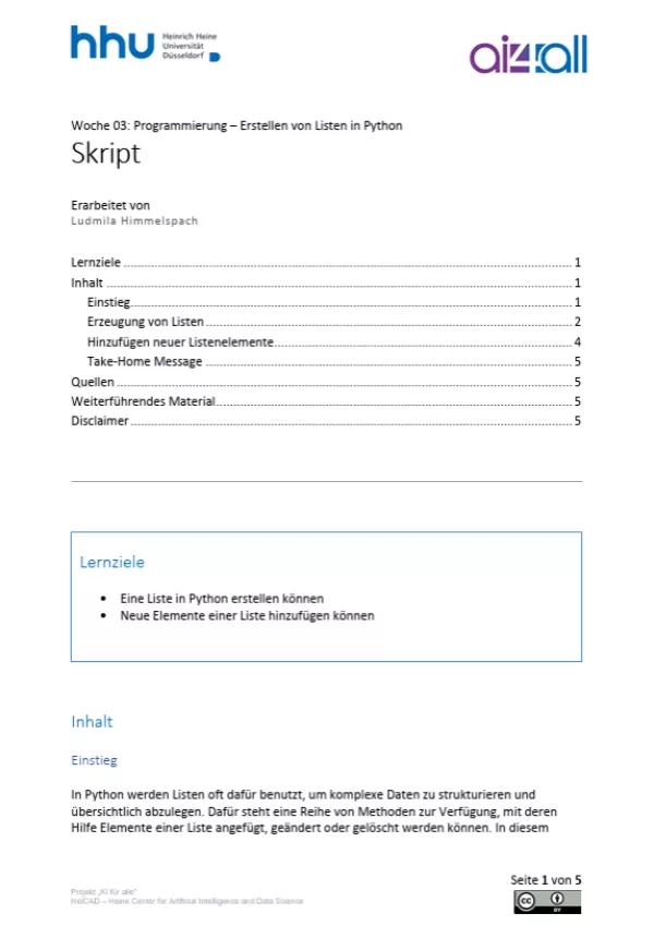 Kurs: Woche 3 | Programmierung | Erstellen von Listen in Python (PDF)