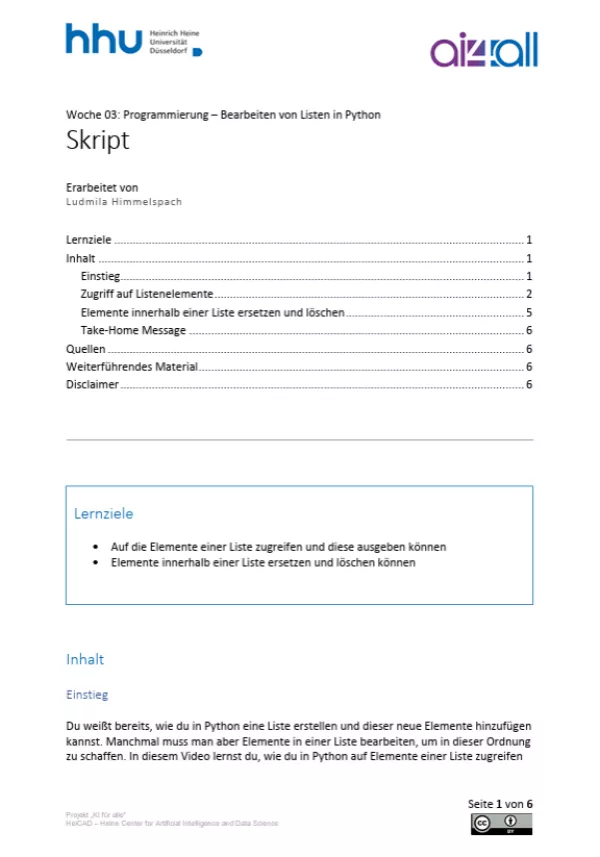 Kurs: Woche 3 | Programmierung | Bearbeiten von Listen in Python (PDF)