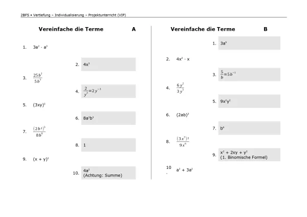 Arbeitsblatt: Mathematik für die Berufsfachschule: Vereinfache die Terme