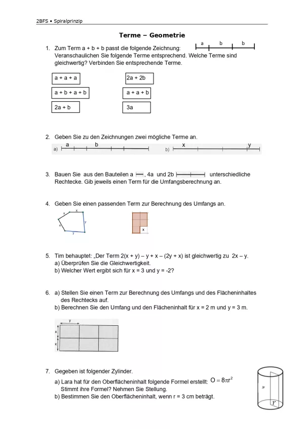 Arbeitsblatt: Mathematik für die Berufsfachschule: Terme und Geometrie
