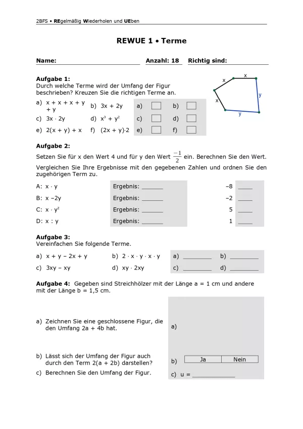 Arbeitsblatt: Mathematik für die Berufsfachschule: REWUE 1 Terme