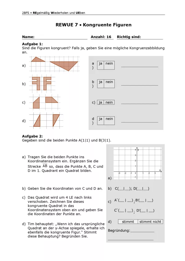 Arbeitsblatt: Mathematik für die Berufsfachschule: REWUE 7 Kongruente Figuren