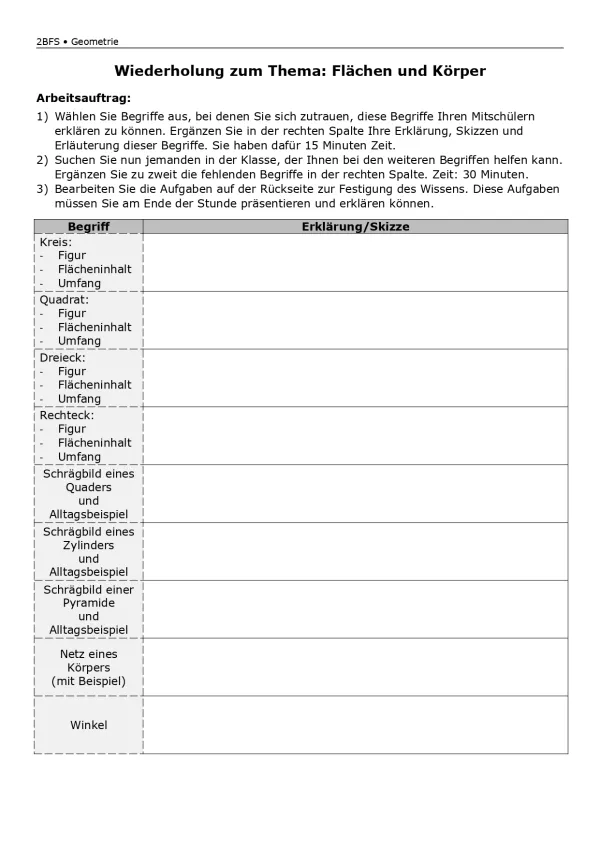 Arbeitsblatt: Mathematik für die Berufsfachschule: Wiederholung Flächen und Körper