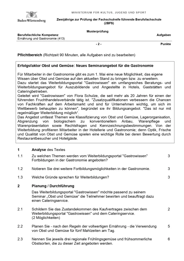 Test: Musterprüfung 1 Berufsfachschule | Ernährung und Gastronomie: Berufsfachliche Kompetenz