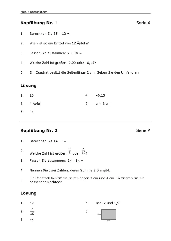 Arbeitsblatt: Mathematik für die Berufsfachschule: Kopfübungen A1 und A2