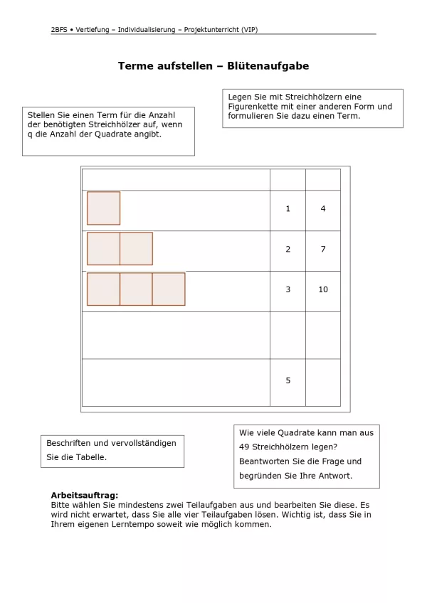 Arbeitsblatt: Mathematik für die Berufsfachschule: Terme aufstellen | Blütenaufgabe
