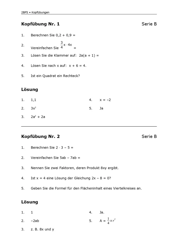 Arbeitsblatt: Mathematik für die Berufsfachschule: Kopfübungen B1 und B2