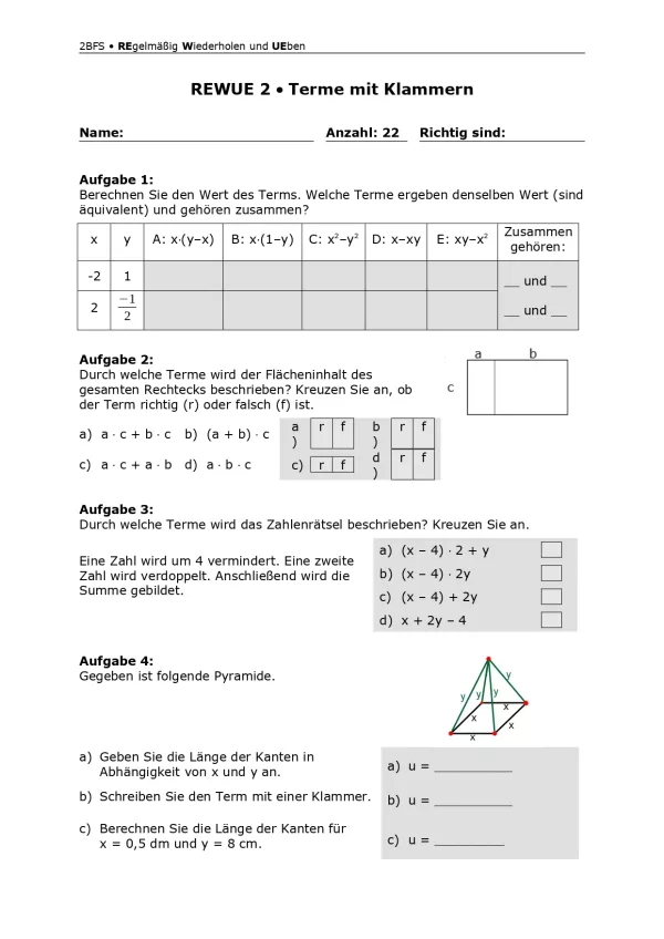 Arbeitsblatt: Mathematik für die Berufsfachschule: REWUE 2 Terme mit Klammern