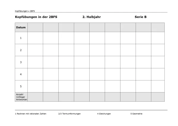Ubung: Mathematik für die Berufsfachschule: Kopfübungen Übersichtsblatt Serie B