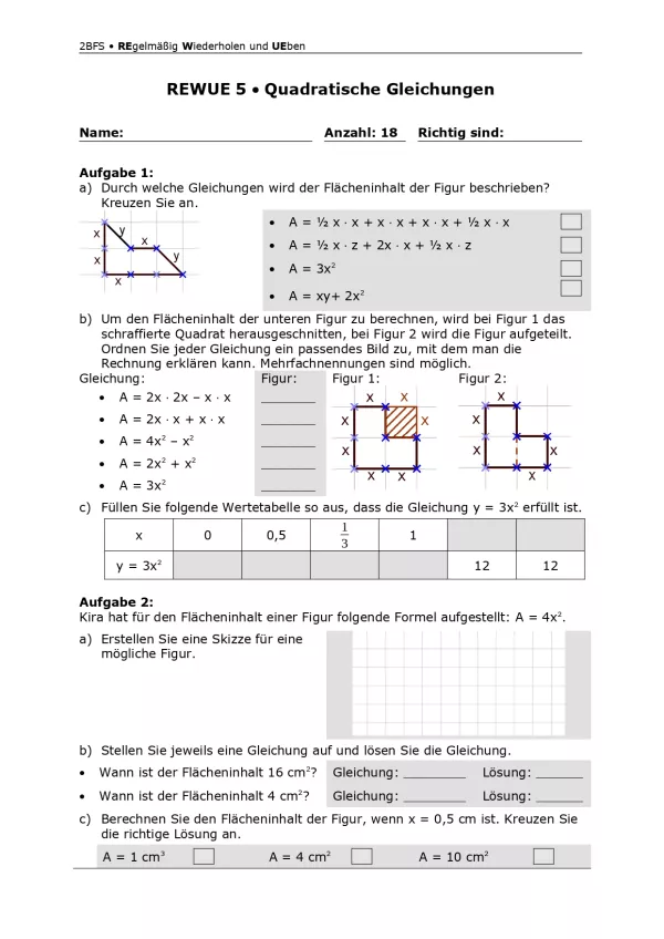 Arbeitsblatt: Mathematik für die Berufsfachschule: REWUE 5 Quadratische Gleichungen