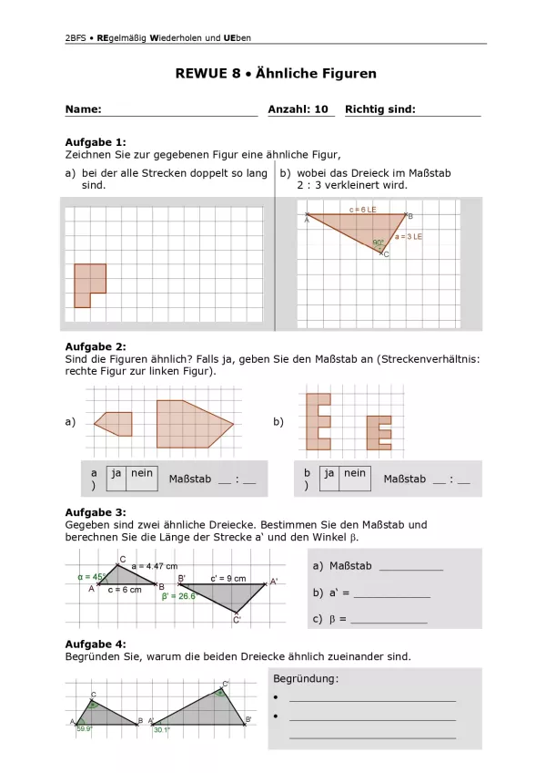 Arbeitsblatt: Mathematik für die Berufsfachschule: REWUE 8 Ähnliche Figuren