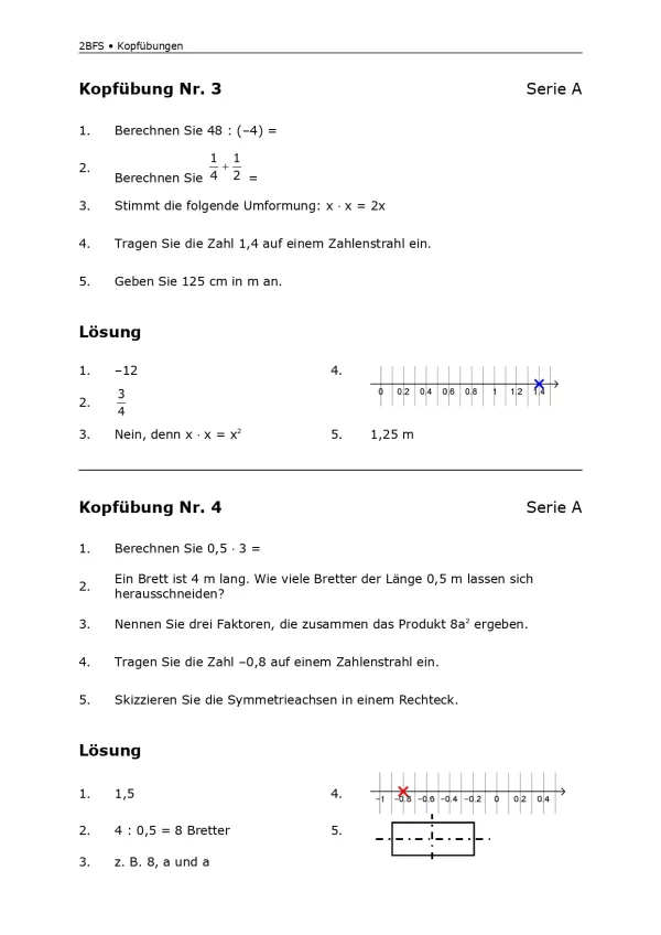 Arbeitsblatt: Mathematik für die Berufsfachschule: Kopfübungen A3 und A4