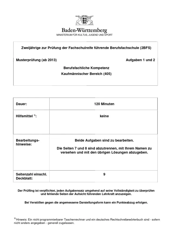 Test: Musterprüfung: Berufsfachliche Kompetenz Volks- und Betriebswirtschaftslehre und Datenverarbeitung (ZIP-Datei)