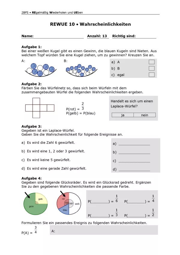 Arbeitsblatt: Mathematik für die Berufsfachschule: REWUE 10 Wahrscheinlichkeiten