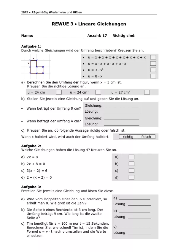 Arbeitsblatt: Mathematik für die Berufsfachschule: REWUE 3 Lineare Gleichungen