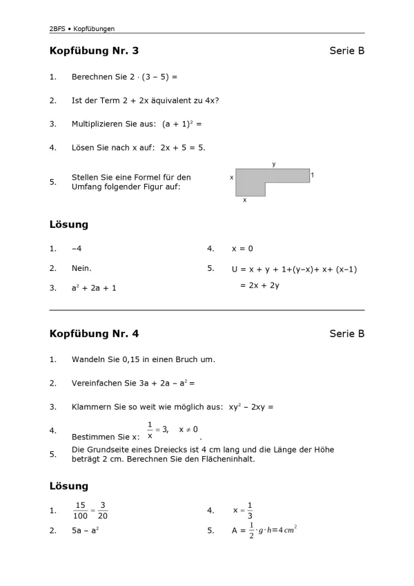 Arbeitsblatt: Mathematik für die Berufsfachschule: Kopfübungen B3 und B4