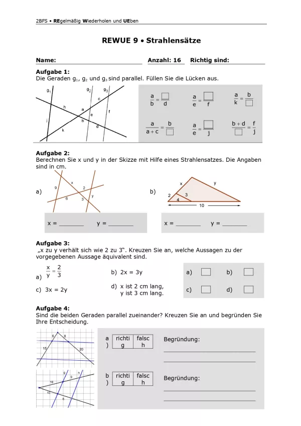 Arbeitsblatt: Mathematik für die Berufsfachschule: REWUE 9 Strahlensätze