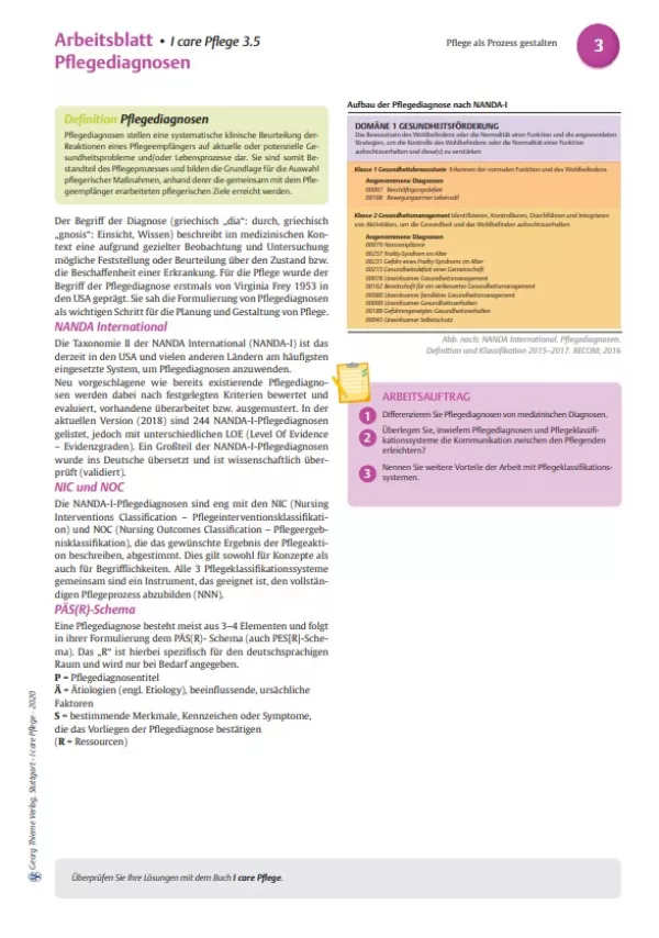 Arbeitsblatt: I care Pflege | Grundlagen des Pflegeberufs | Pflegediagnosen (Arbeitsblatt)