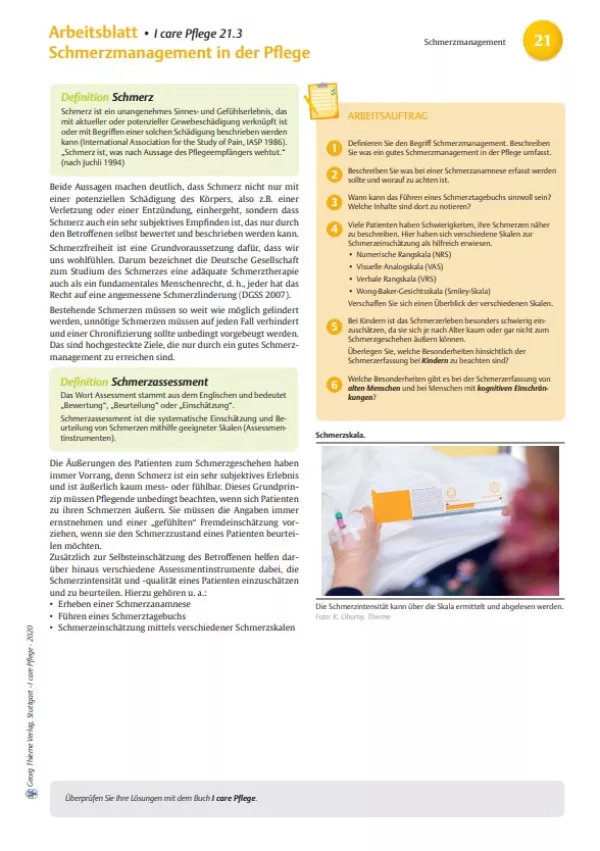 Arbeitsblatt: I care Pflege | Pflegebasismaßnahmen | Schmerzmanagement in der Pflege (Arbeitsblatt)