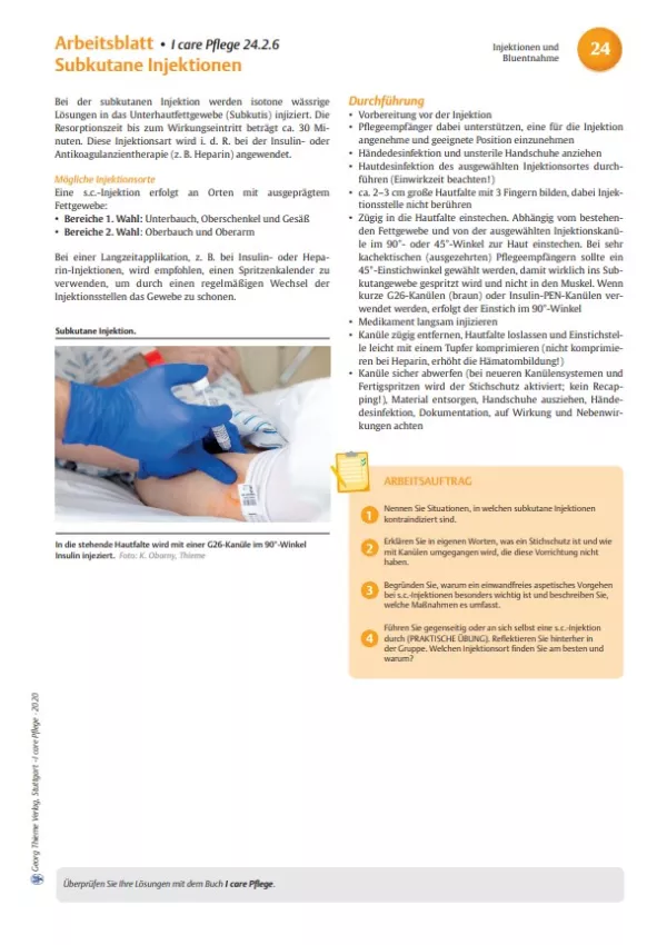 Arbeitsblatt: I care Pflege | Pflegetechniken | Subkutane Injektionen (Arbeitsblatt)