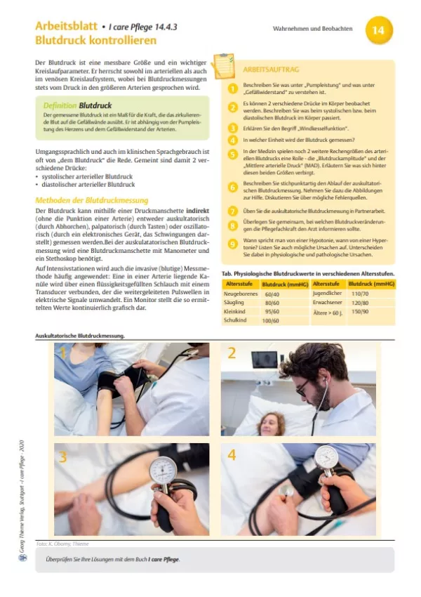 Arbeitsblatt: I care Pflege | Pflegebasismaßnahmen | Blutdruck kontrollieren (Arbeitsblatt)