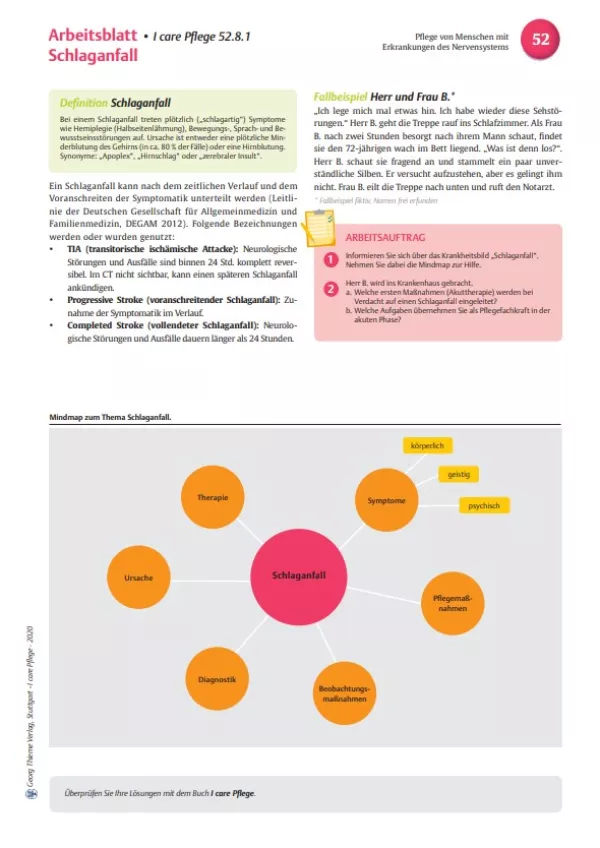 Arbeitsblatt: I care Pflege | Pflege bei speziellen Erkrankungen | Schlaganfall (Arbeitsblatt)