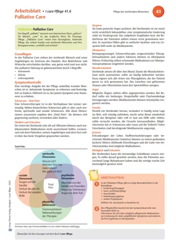 Arbeitsblatt: I care Pflege | Unterschiedliche Pflegesettings | Palliative Care (Arbeitsblatt)