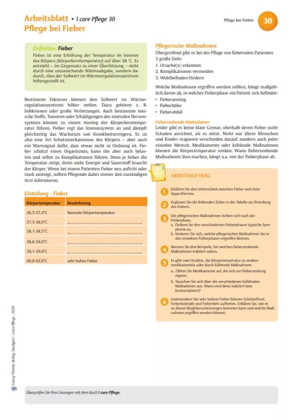 Arbeitsblatt: I care Pflege | Pflegetechniken | Pflege bei Fieber (Arbeitsblatt)