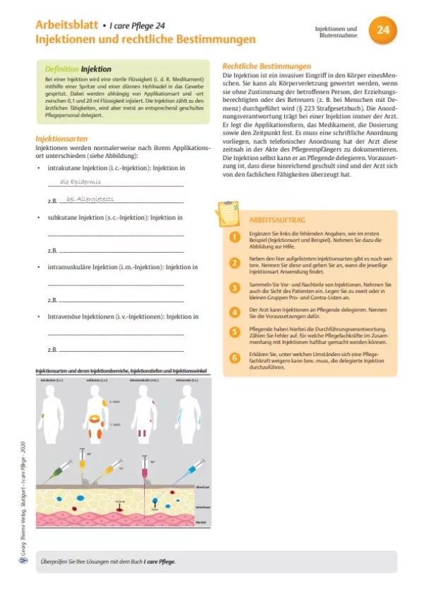 Arbeitsblatt: I care Pflege | Pflegetechniken | Injektionen und rechtliche Bestimmungen (Arbeitsblatt)