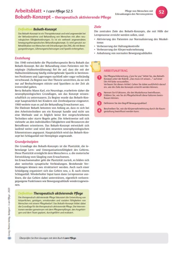 Arbeitsblatt: I care Pflege | Pflege bei speziellen Erkrankungen | Das Bobath-Konzept (Arbeitsblatt)
