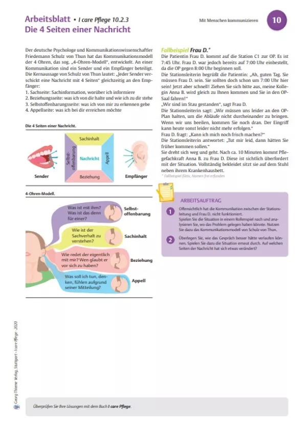 Arbeitsblatt: I care Pflege | Mit Menschen arbeiten | Die 4 Seiten einer Nachricht (Arbeitsblatt)