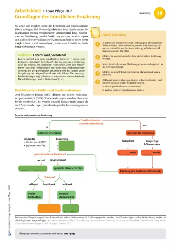 Arbeitsblatt: I care Pflege | Pflegebasismaßnahmen | Grundlagen der künstlichen Ernährung (Arbeitsblatt)