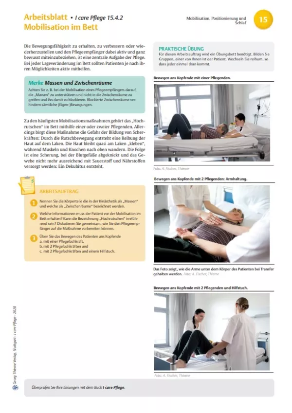 Arbeitsblatt: I care Pflege | Pflegebasismaßnahmen | Mobilisieren im Bett (Arbeitsblatt)