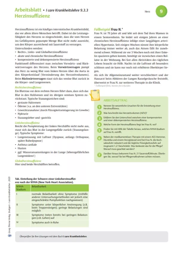 Arbeitsblatt: I care Krankheitslehre | Spezielle Krankheitslehre | Herzinsuffizienz (Arbeitsblatt)