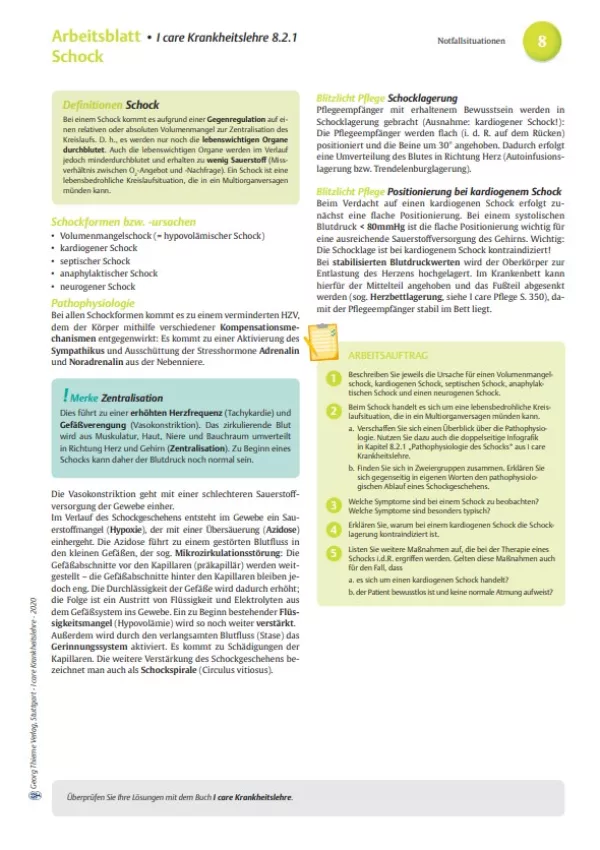 Arbeitsblatt: I care Krankheitslehre | Grundlagen | Schock (Arbeitsblatt)