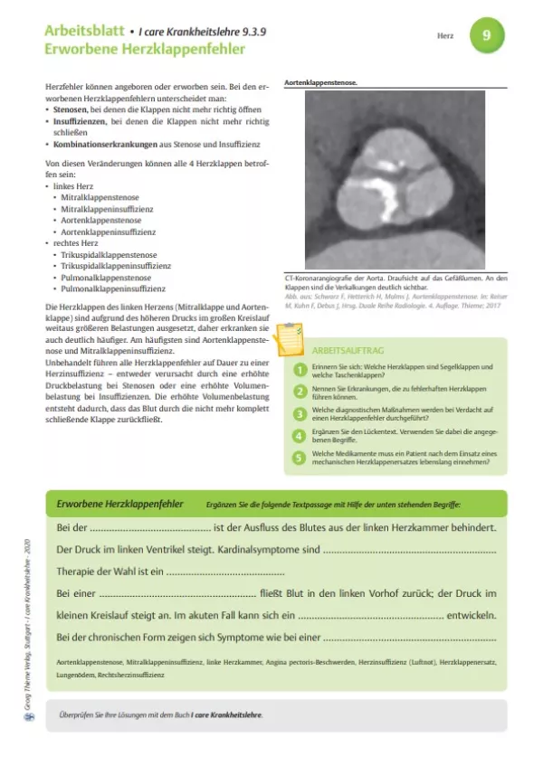 Arbeitsblatt: I care Krankheitslehre | Spezielle Krankheitslehre | Erworbene Herzklappenfehler (Arbeitsblatt)