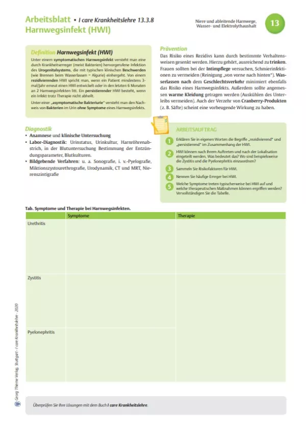 Arbeitsblatt: I care Krankheitslehre | Spezielle Krankheitslehre | Harnwegsinfekt (Arbeitsblatt)