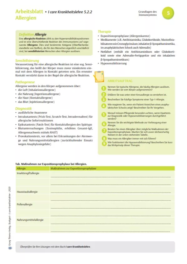 Arbeitsblatt: I care Krankheitslehre | Grundlagen | Allergien (Arbeitsblatt)