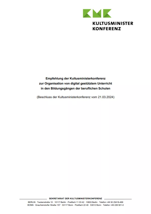 Handbuch: Empfehlung der Kultusministerkonferenz zur Organisation von digital gestütztem Unterricht in den Bildungsgängen der beruflichen Schulen