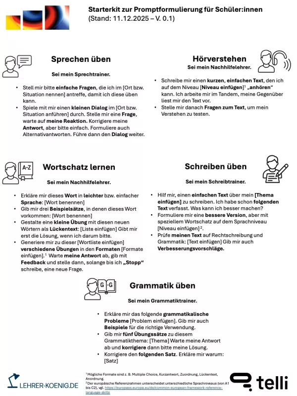 Unterrichtsplanung: Starterkit zur Promptformulierung - Schwerpunkt Sprachen - Handout