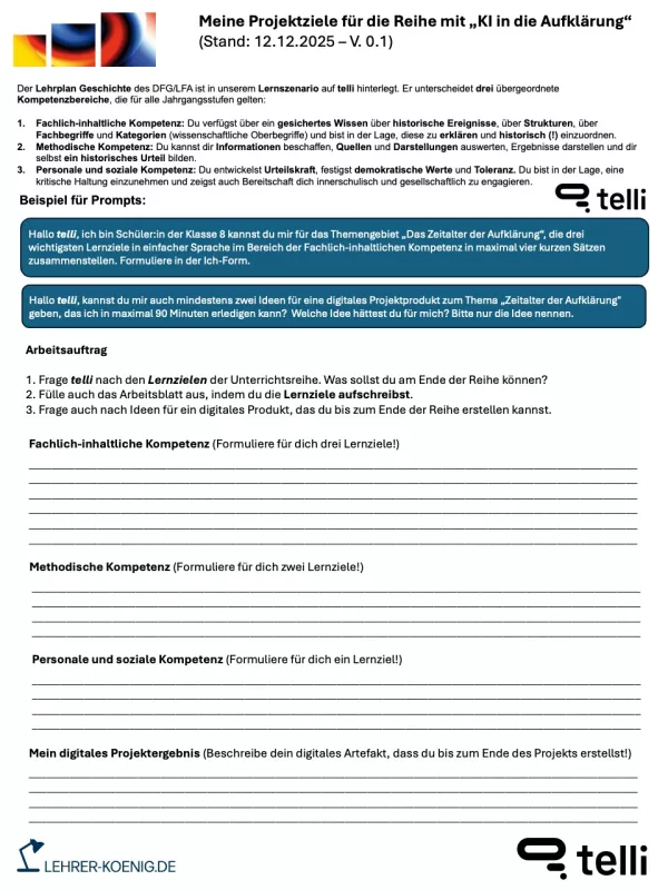 Bild: Projektziele - Arbeitsblatt