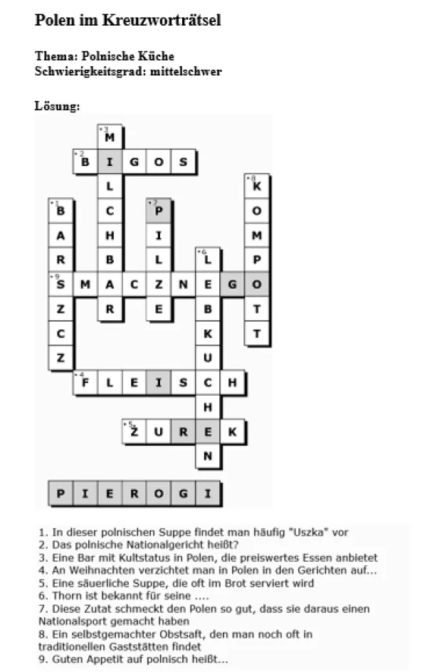 Arbeitsblatt: Polnische Küche | mittelschwer (Lösung)