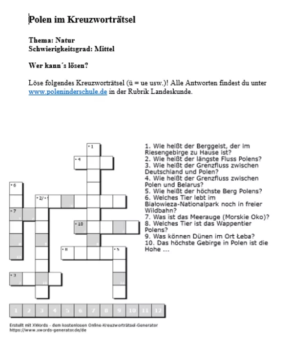 Arbeitsblatt: Natur in Polen | mittelschwer