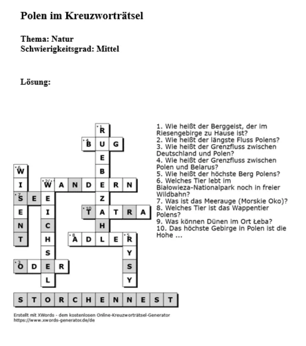 Arbeitsblatt: Natur in Polen | mittelschwer (Lösung)