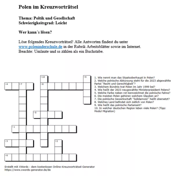 Arbeitsblatt: Politik und Gesellschaft in Polen | leicht