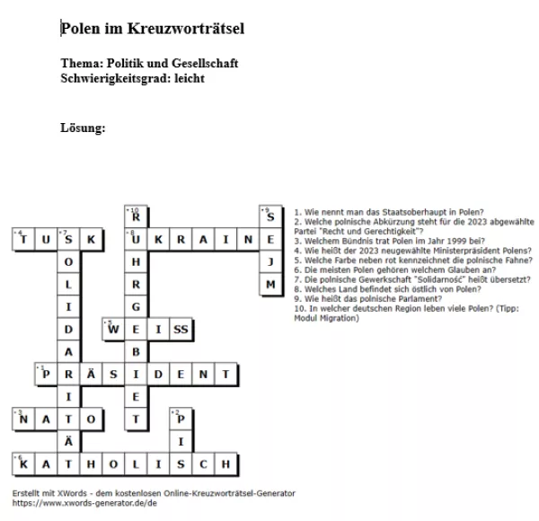 Arbeitsblatt: Politik und Gesellschaft in Polen | leicht (Lösung)