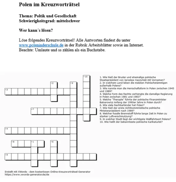 Arbeitsblatt: Politik und Gesellschaft in Polen | mittelschwer