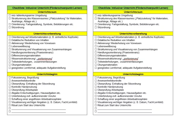 Text: Checkliste Inklusiver Unterricht (Förderschwerpunkt Lernen)