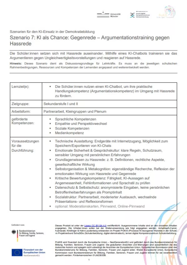Unterrichtsplanung: Szenario 7: KI als Chance: Gegenrede – Argumentationstraining gegen Hassrede